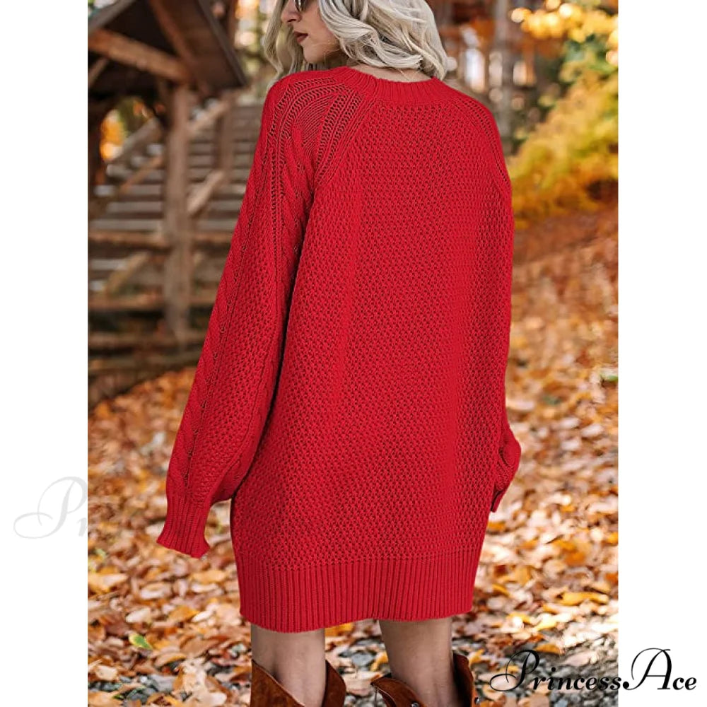 Women’s Crewneck Cable Knit Chunky Pullover Sweater Dress