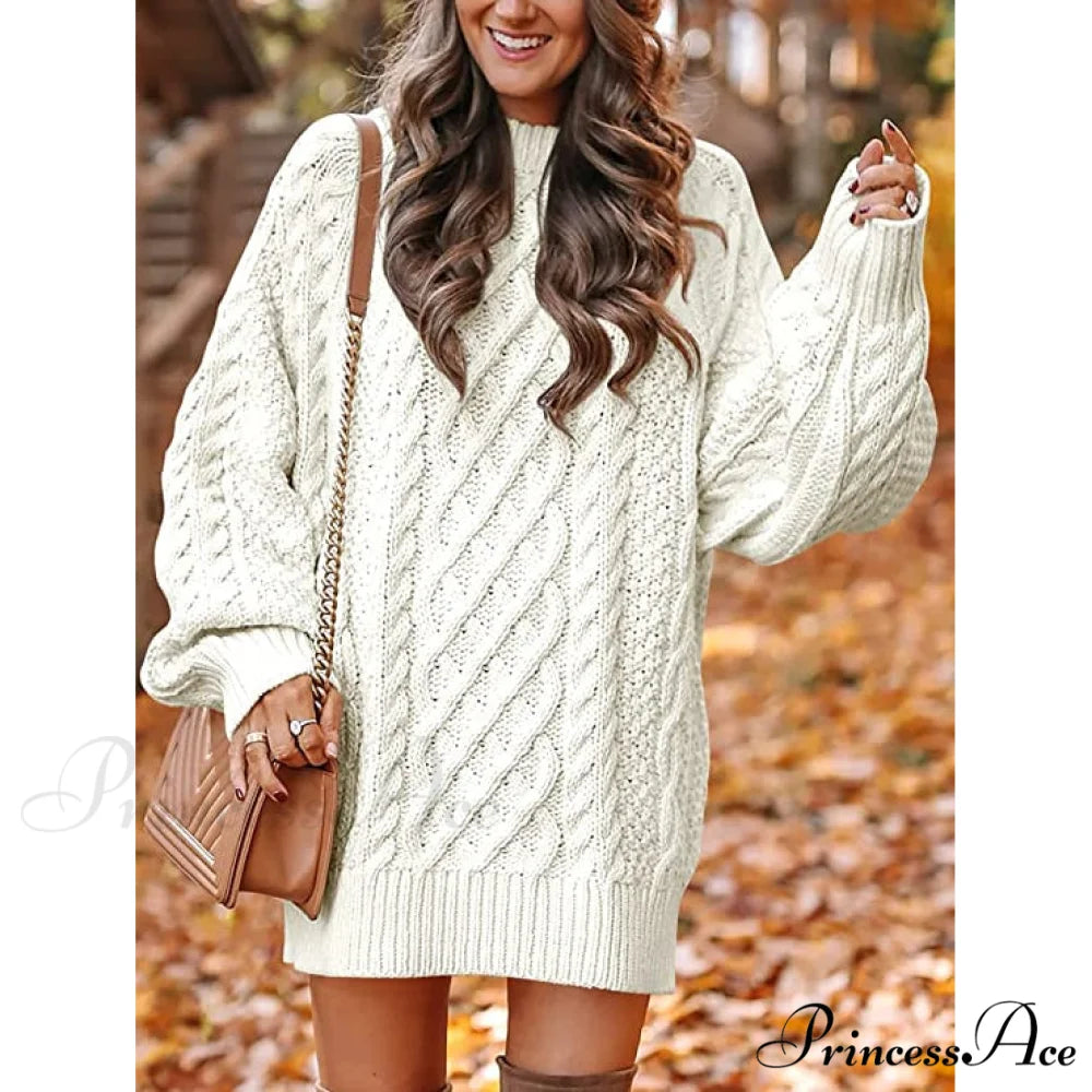 Women’s Crewneck Cable Knit Chunky Pullover Sweater Dress