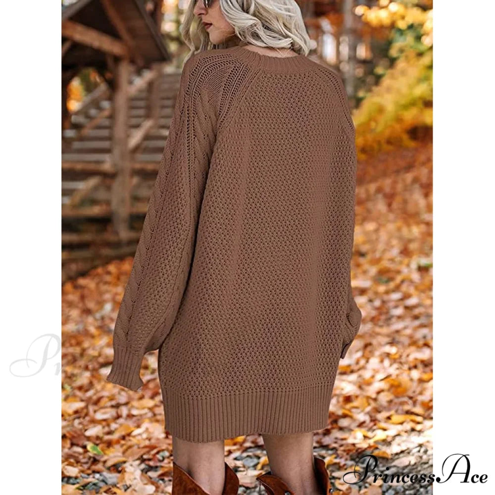 Women’s Crewneck Cable Knit Chunky Pullover Sweater Dress