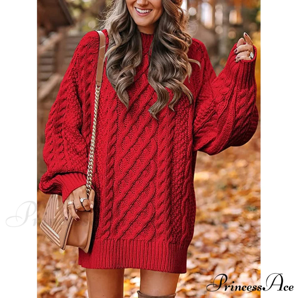 Women’s Crewneck Cable Knit Chunky Pullover Sweater Dress
