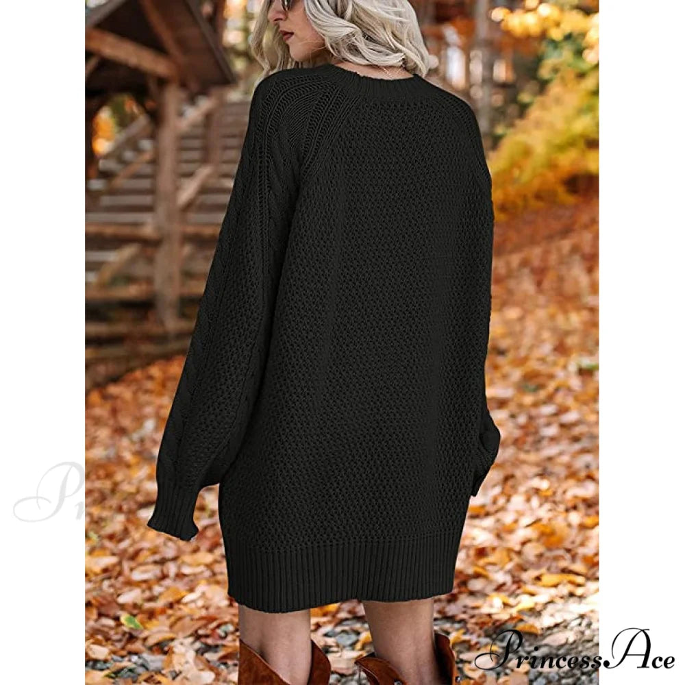 Women’s Crewneck Cable Knit Chunky Pullover Sweater Dress