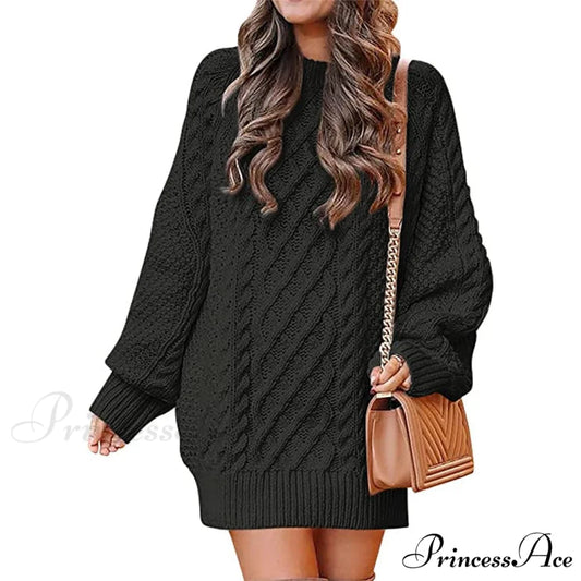 Women’s Crewneck Cable Knit Chunky Pullover Sweater Dress Black / S