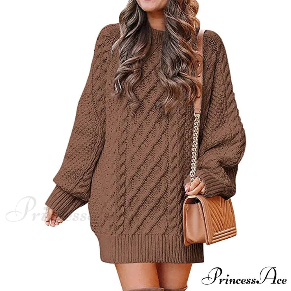 Women’s Crewneck Cable Knit Chunky Pullover Sweater Dress Brown / S