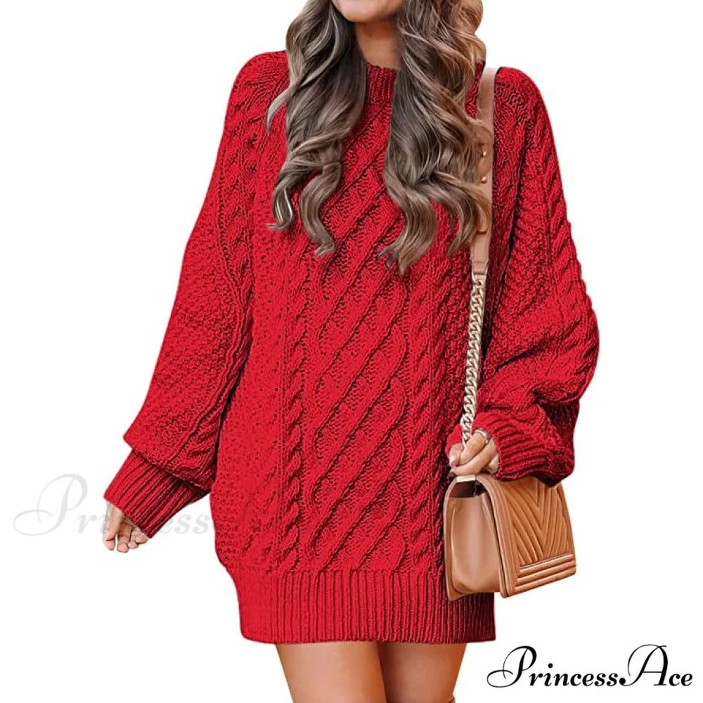 Women’s Crewneck Cable Knit Chunky Pullover Sweater Dress Red / S