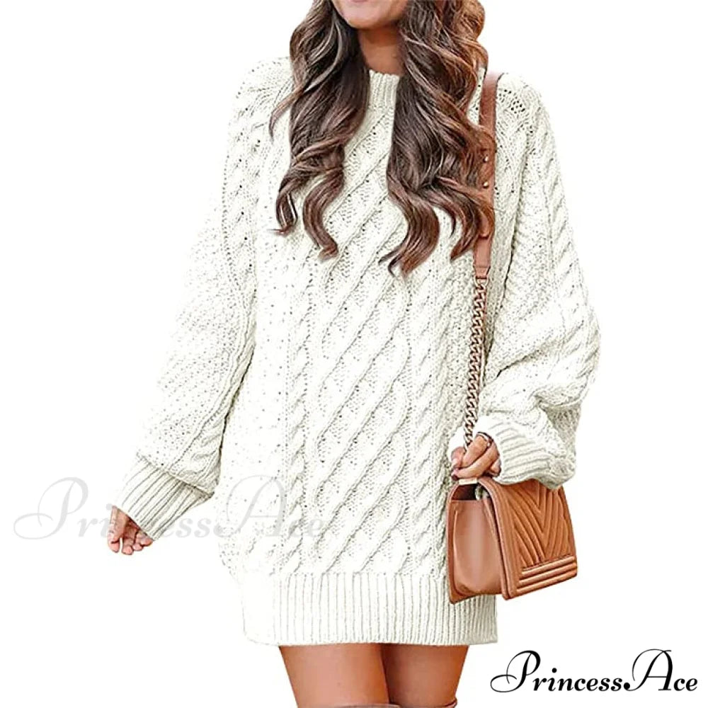 Women’s Crewneck Cable Knit Chunky Pullover Sweater Dress White / S