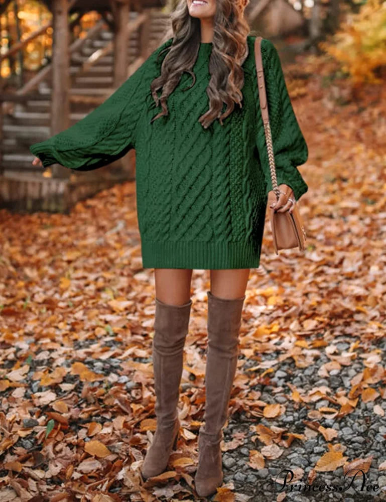 Women’s Crewneck Long Sleeve Cable Knit Sweater Dress