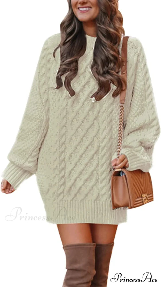 Women’s Crewneck Long Sleeve Cable Knit Sweater Dress Beige / Small