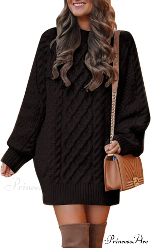 Women’s Crewneck Long Sleeve Cable Knit Sweater Dress Black / Small