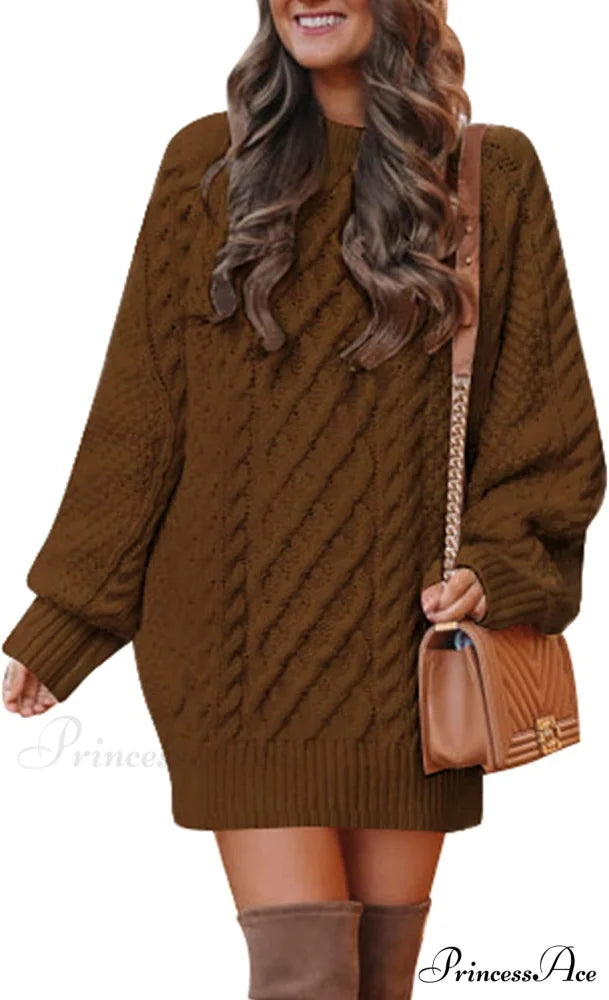 Women’s Crewneck Long Sleeve Cable Knit Sweater Dress Brown / Small