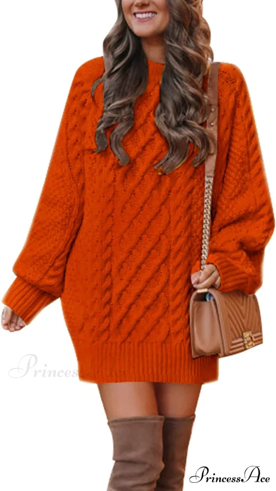 Women’s Crewneck Long Sleeve Cable Knit Sweater Dress Orange / Small