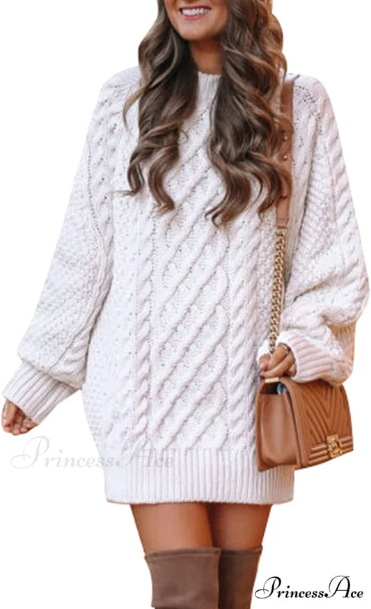 Women’s Crewneck Long Sleeve Cable Knit Sweater Dress White / Small
