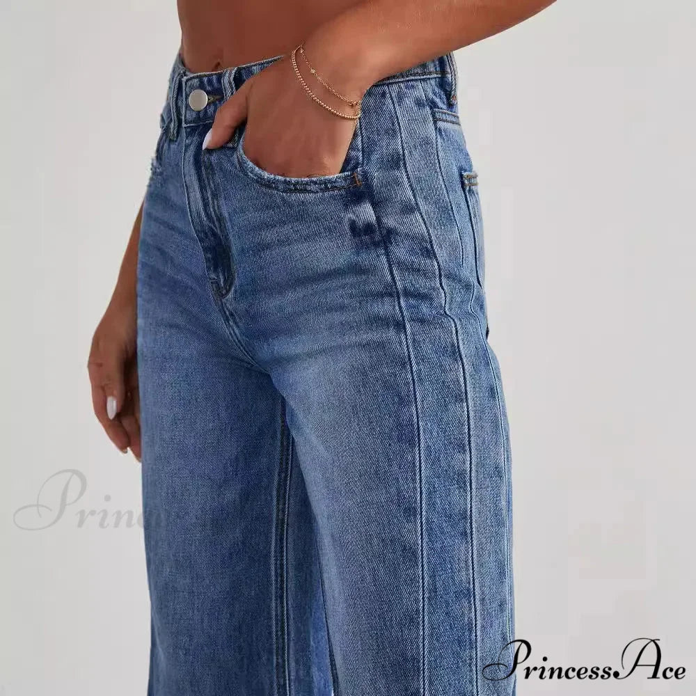 Women’s Denim High Waist Fashion Wide Leg Pants Trousers Autumn Tide Straight Pants De Mujer Frayed Hem Jeans