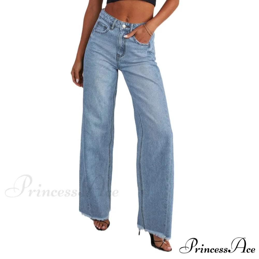 Women’s Denim High Waist Fashion Wide Leg Pants Trousers Autumn Tide Straight Pants De Mujer Frayed Hem Jeans