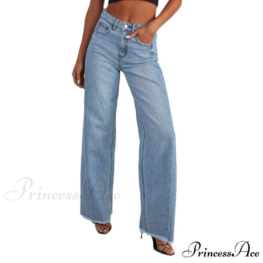 Women’s Denim High Waist Fashion Wide Leg Pants Trousers Autumn Tide Straight Pants De Mujer Frayed Hem Jeans