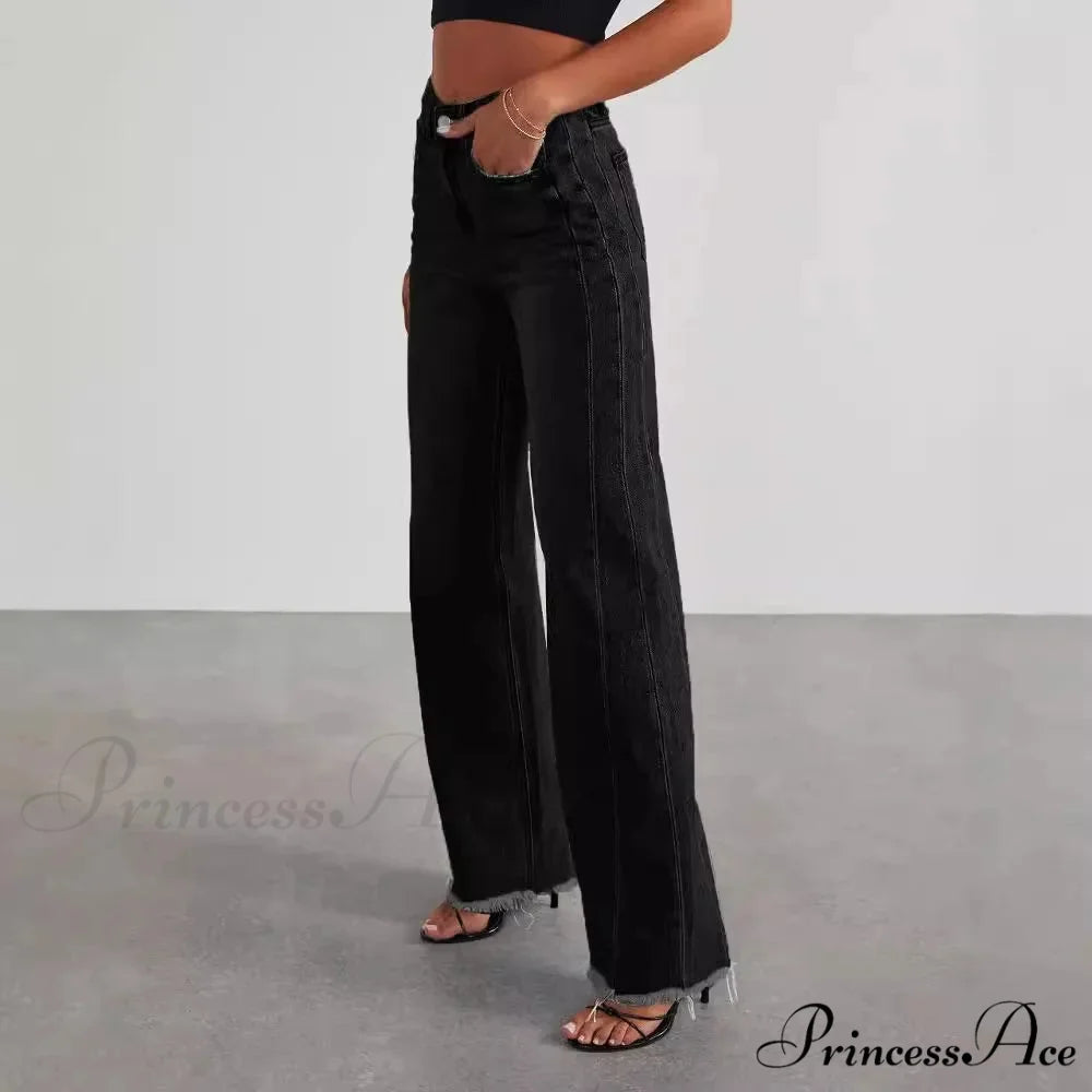 Women’s Denim High Waist Fashion Wide Leg Pants Trousers Autumn Tide Straight Pants De Mujer Frayed Hem Jeans