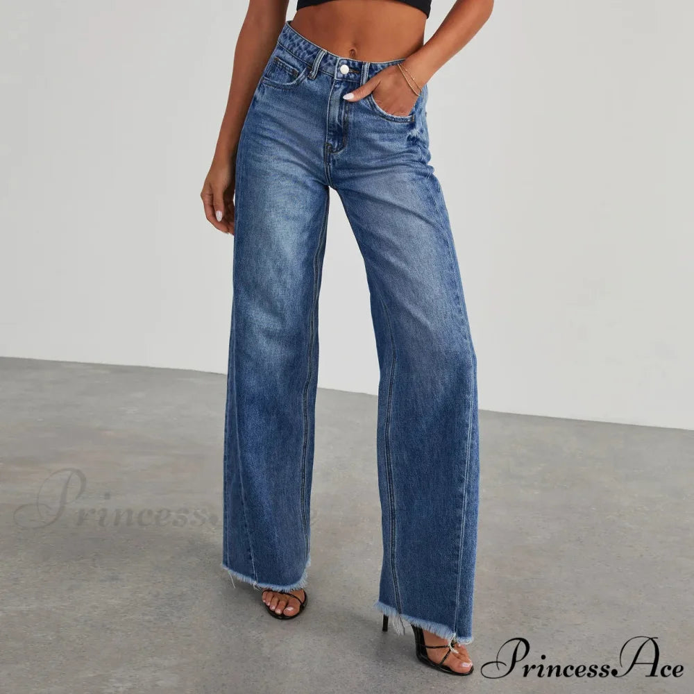 Women’s Denim High Waist Fashion Wide Leg Pants Trousers Autumn Tide Straight Pants De Mujer Frayed Hem Jeans Blue / S