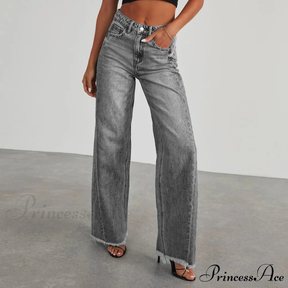 Women’s Denim High Waist Fashion Wide Leg Pants Trousers Autumn Tide Straight Pants De Mujer Frayed Hem Jeans Grey / S