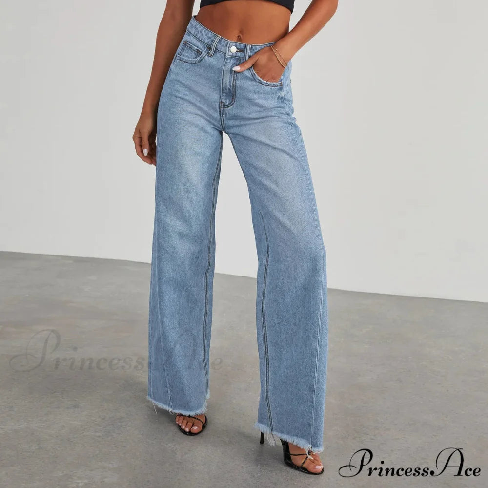Women’s Denim High Waist Fashion Wide Leg Pants Trousers Autumn Tide Straight Pants De Mujer Frayed Hem Jeans Light