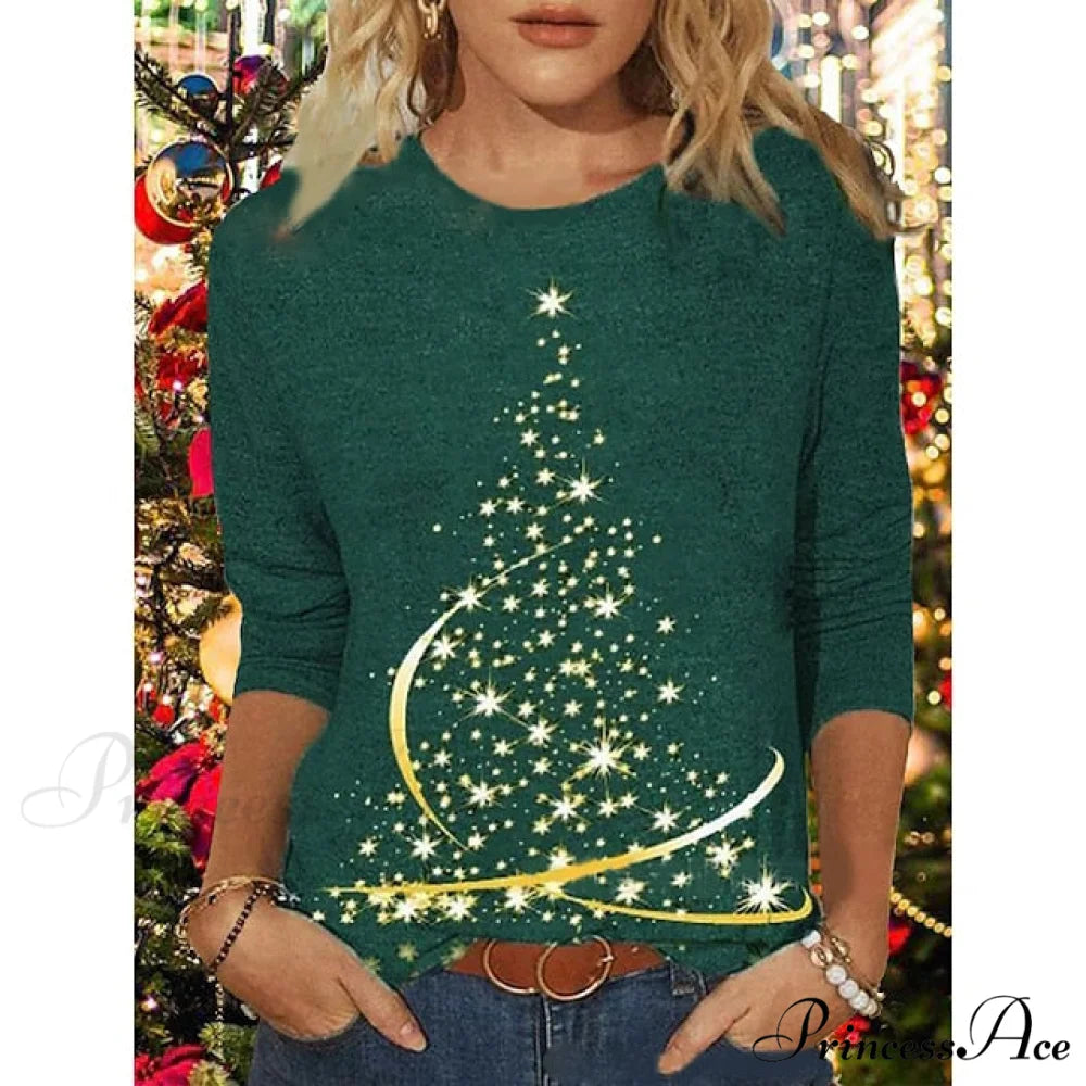 Women’s Design Neck Round Festive Long Red Flowered Peacock Green Arm Tree Christmas Casual Blue Brick Dark Shirt Dark