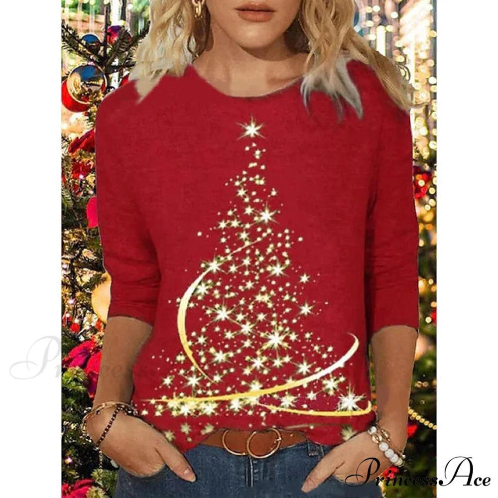 Women’s Design Neck Round Festive Long Red Flowered Peacock Green Arm Tree Christmas Casual Blue Brick Dark Shirt Brick