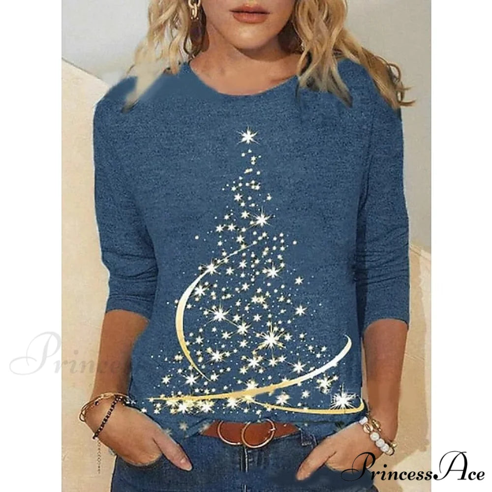 Women’s Design Neck Round Festive Long Red Flowered Peacock Green Arm Tree Christmas Casual Blue Brick Dark Shirt