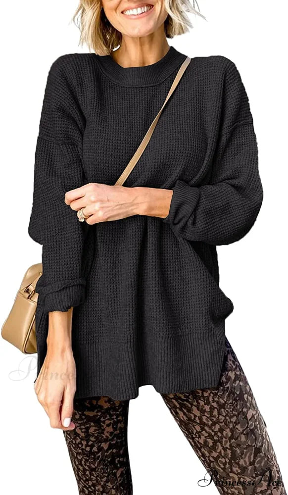 Womens Fall Sweater Crew Neck Long Sleeve Pullover Sweaters Black / X-Large