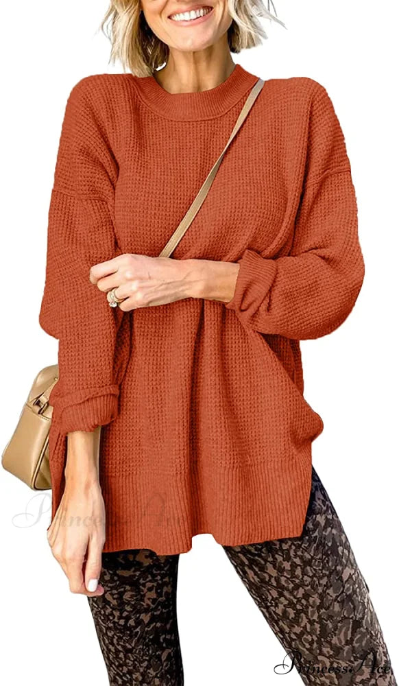 Womens Fall Sweater Crew Neck Long Sleeve Pullover Sweaters Brick Red / X-Large