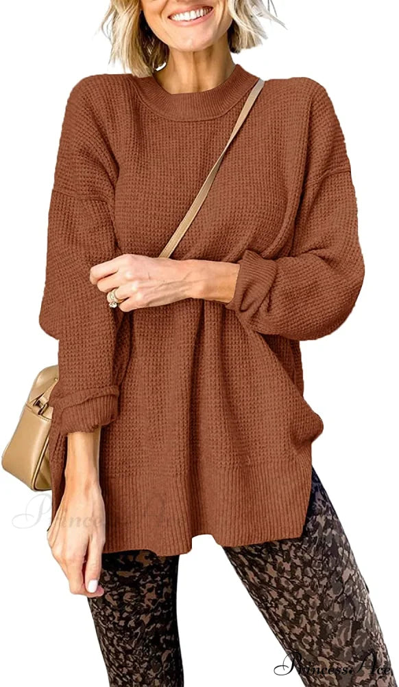 Womens Fall Sweater Crew Neck Long Sleeve Pullover Sweaters Brown / X-Large