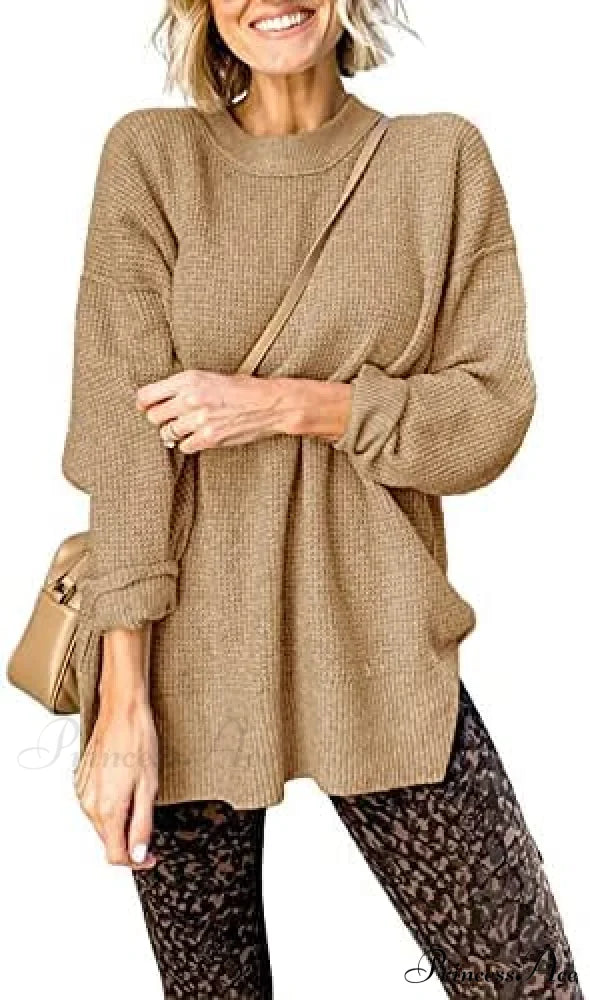 Womens Fall Sweater Crew Neck Long Sleeve Pullover Sweaters Khaki / X-Large