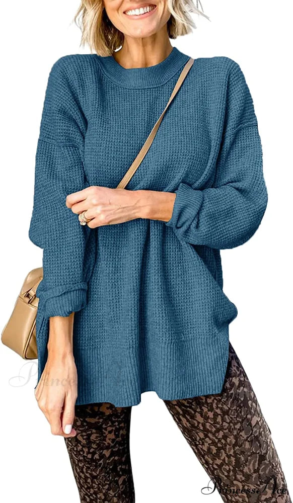 Womens Fall Sweater Crew Neck Long Sleeve Pullover Sweaters Navy Blue / X-Large