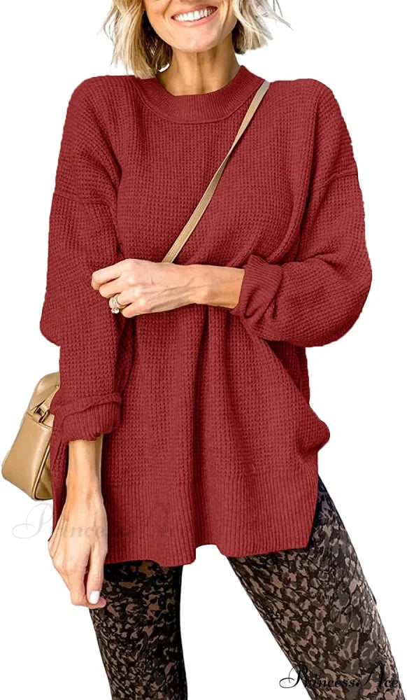 Womens Fall Sweater Crew Neck Long Sleeve Pullover Sweaters Red Wine / X-Large