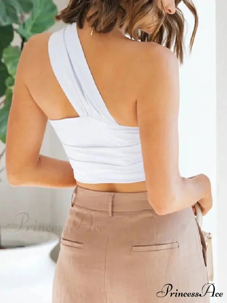 Women’s Fashion Pleated Asymmetric Linen Cropped Vintage One Shoulder Side Zipper Women Camisole Tank top