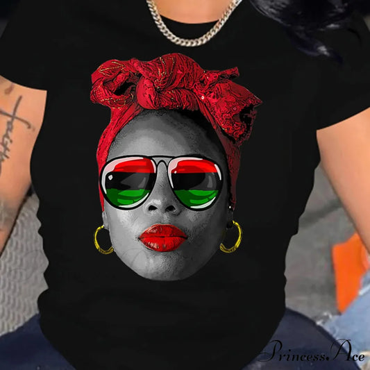 Women’s Figure Print Spring & Summer Casual Short Sleeve Round Neck Medium Stretch T-shirt Black / S