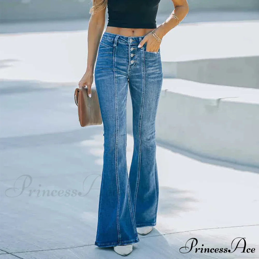 Women’s Flared Patchwork Vintage Fashion Stretch High Waist Casual Slim Streetwear Wide Leg Flare Jean Blue / S
