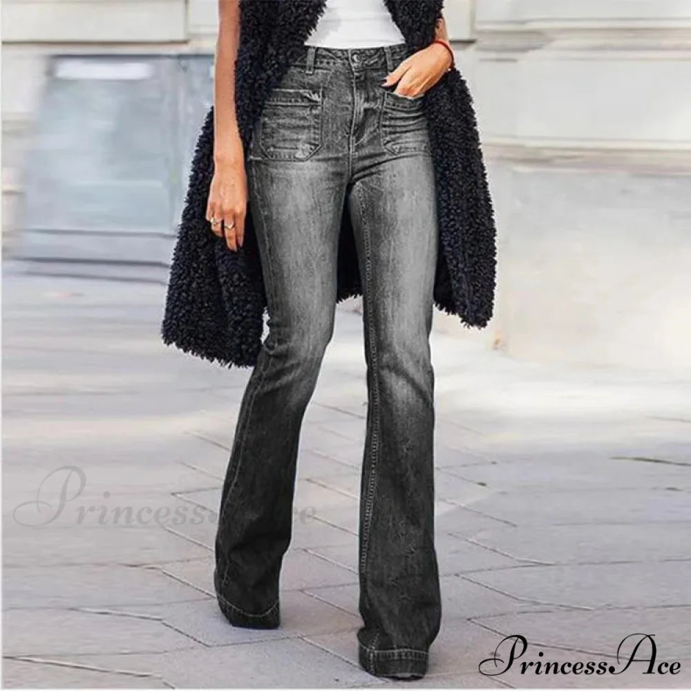 Women’s Flared Stretch Fashion High Waist Vintage Casual Full Length Slim Streetwear Wide Leg Flare Jean Black / S