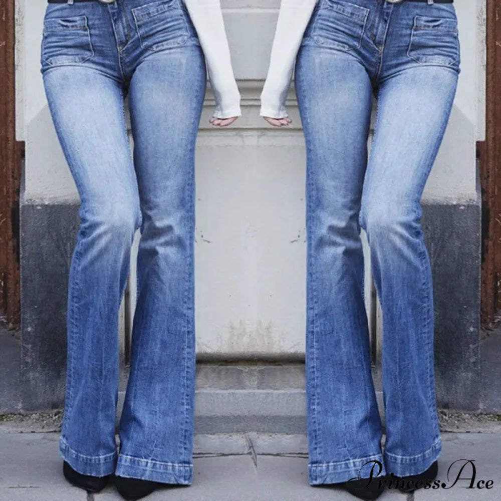 Women’s Flared Stretch Fashion High Waist Vintage Casual Full Length Slim Streetwear Wide Leg Flare Jean Blue / S