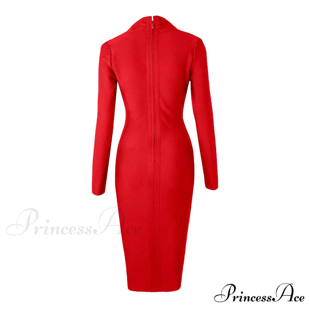 Women’s Full Gown Celebrity Club Gown - V Bodycon Warm-Season Vestidos Deep Bandage Evening Neck with for Sleeves Party