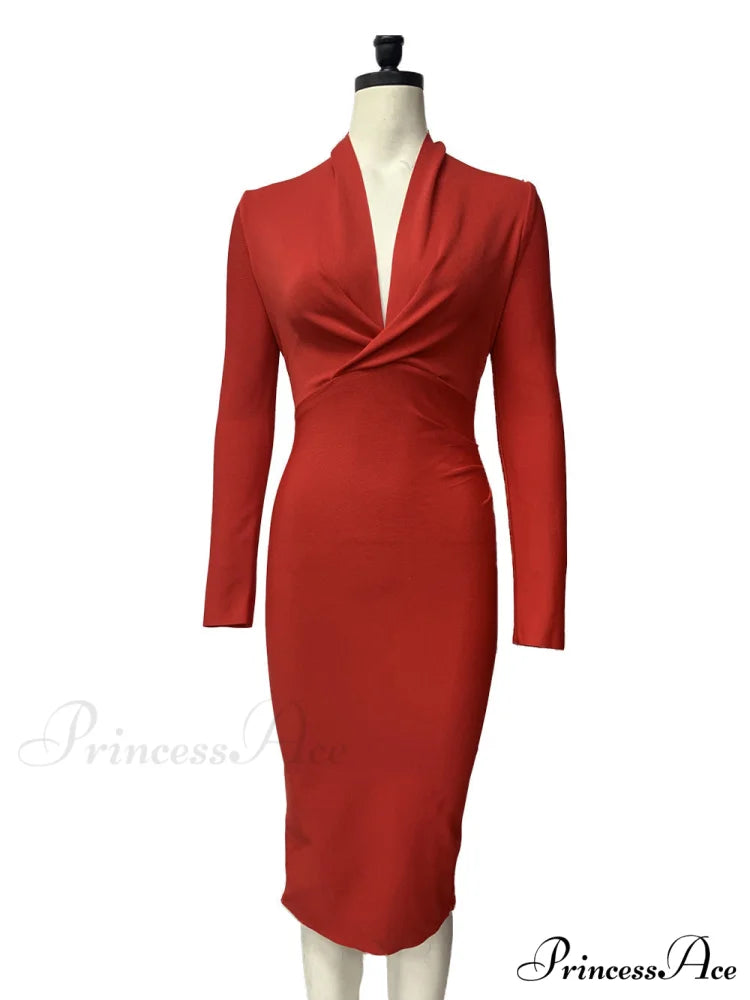 Women’s Full Gown Celebrity Club Gown - V Bodycon Warm-Season Vestidos Deep Bandage Evening Neck with for Sleeves Party