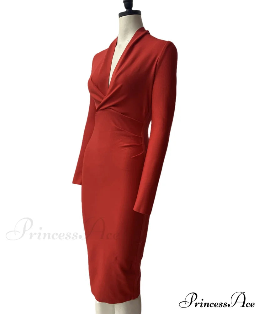 Women’s Full Gown Celebrity Club Gown - V Bodycon Warm-Season Vestidos Deep Bandage Evening Neck with for Sleeves Party