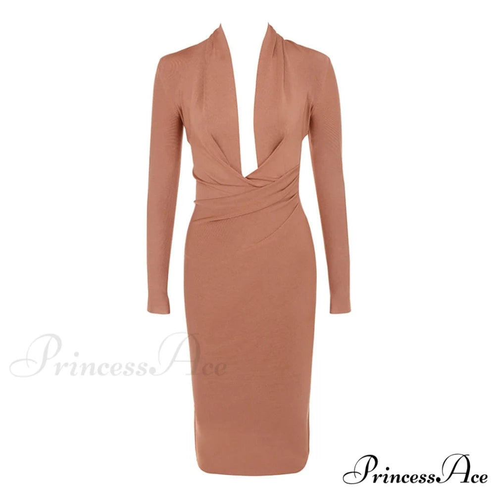 Women’s Full Gown Celebrity Club Gown - V Bodycon Warm-Season Vestidos Deep Bandage Evening Neck with for Sleeves Party