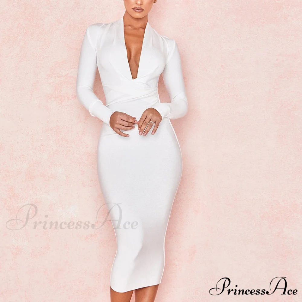 Women’s Full Gown Celebrity Club Gown - V Bodycon Warm-Season Vestidos Deep Bandage Evening Neck with for Sleeves Party