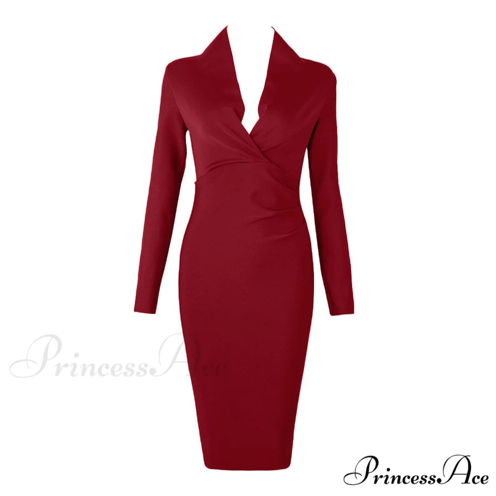 Women’s Full Gown Celebrity Club Gown - V Bodycon Warm-Season Vestidos Deep Bandage Evening Neck with for Sleeves Party