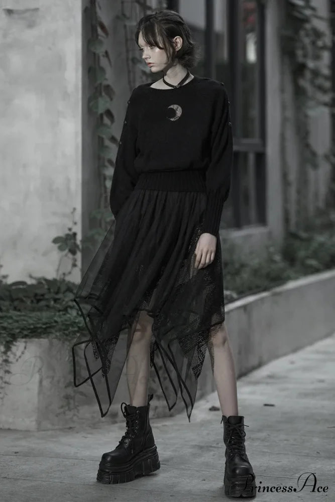 Women’s Gothic Mesh Irregular Female Black Lace Hollow Out Summer Fashion Skirt
