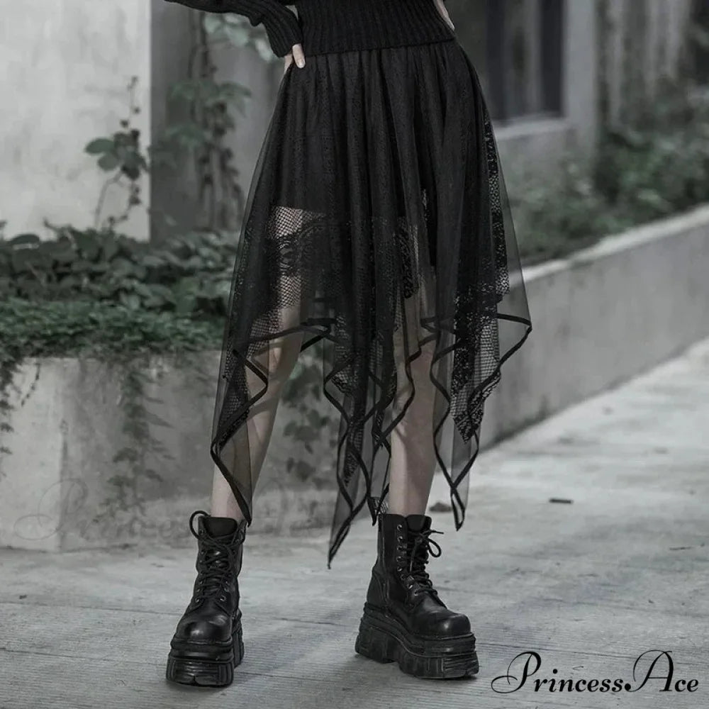 Women’s Gothic Mesh Irregular Female Black Lace Hollow Out Summer Fashion Skirt BLACK / XS-S