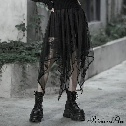 Women’s Gothic Mesh Irregular Female Black Lace Hollow Out Summer Fashion Skirt BLACK / XS-S