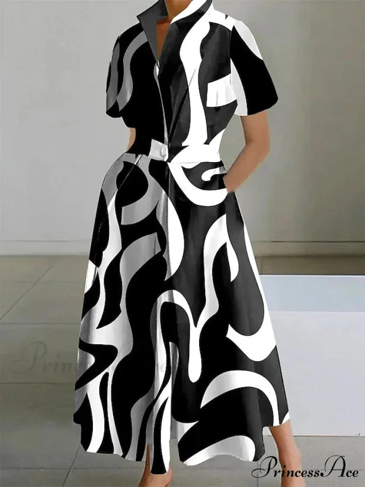 Women’s Gown Neckline Button with Full-Length Casual and Blouse Pocket Black And White / S