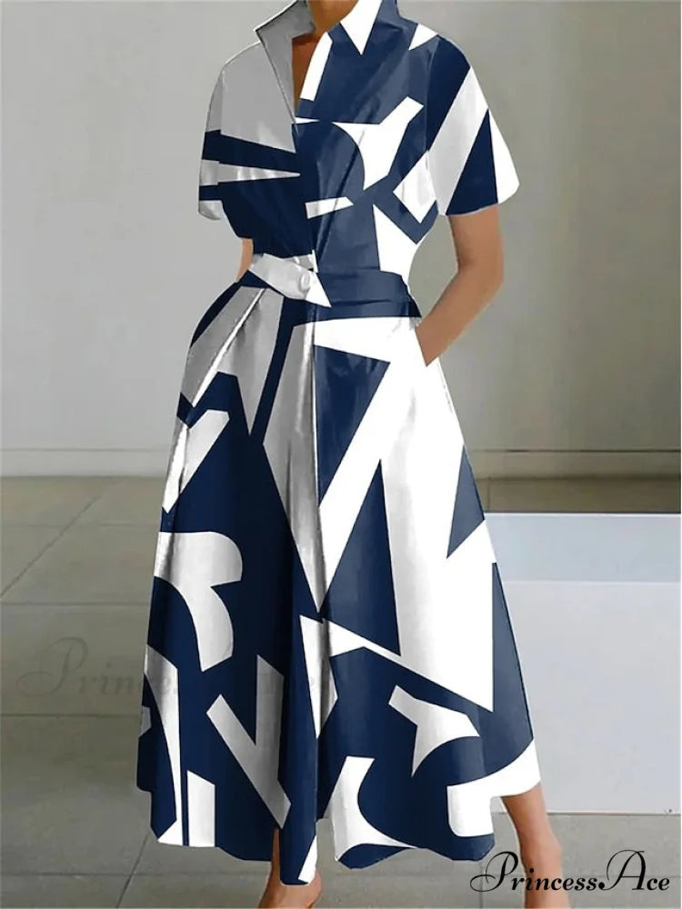 Women’s Gown Neckline Button with Full-Length Casual and Blouse Pocket Navy Blue / S
