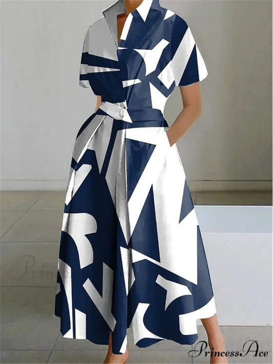 Women’s Gown Neckline Button with Full-Length Casual and Blouse Pocket Navy Blue / S