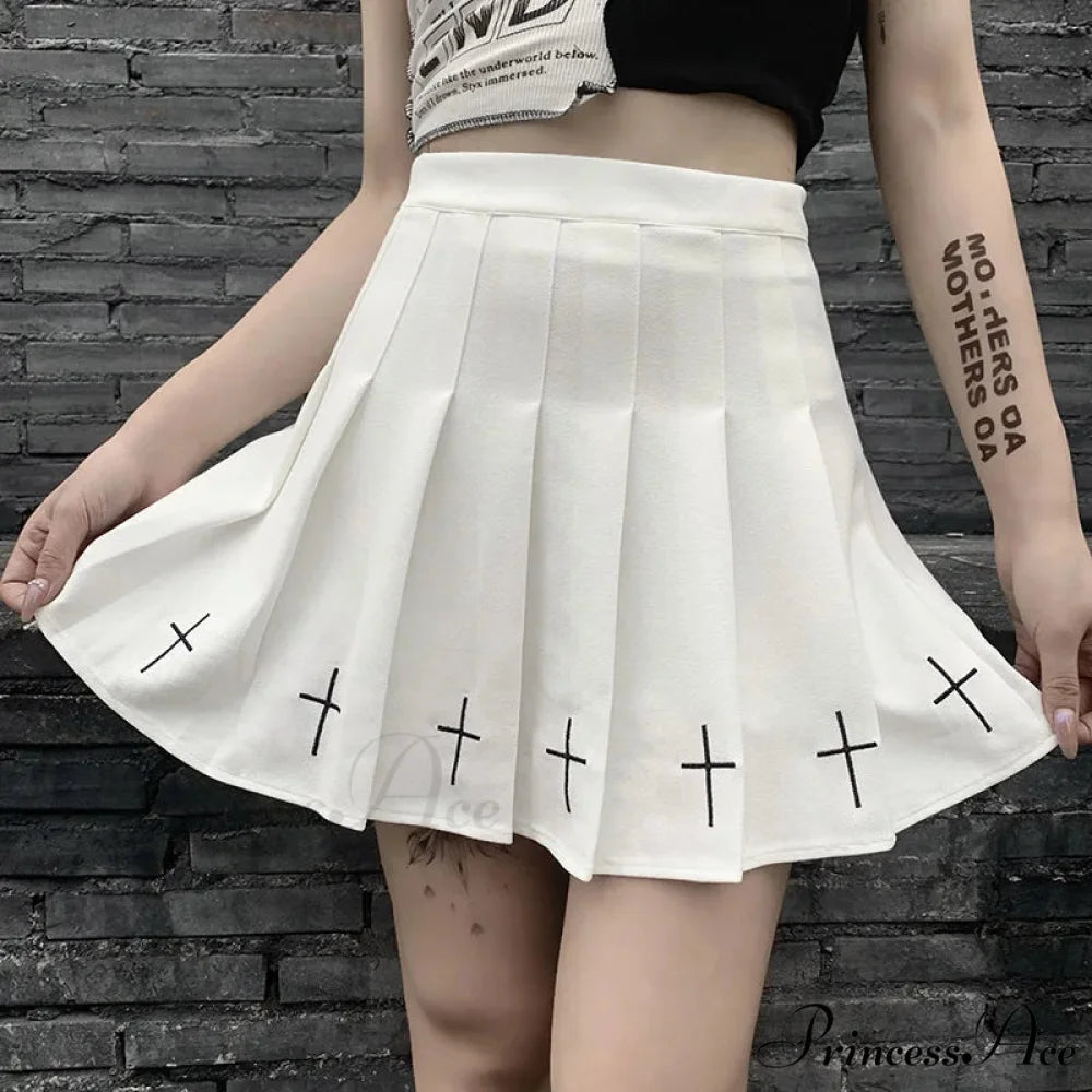 Women’s High Waist Gothic Mini Ladies Cross Pattern Mini Pleated Dark Style Skirt WHITE / S