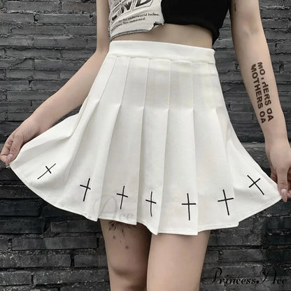 Women’s High Waist Gothic Mini Ladies Cross Pattern Mini Pleated Dark Style Skirt WHITE / S